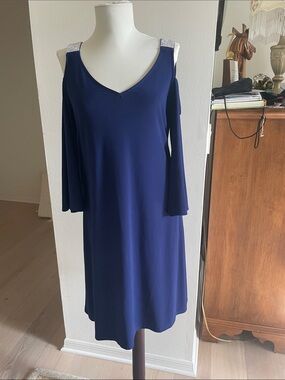 MSK Navy Cold-Shoulder V-Neck Dress with Rhinestone Straps
